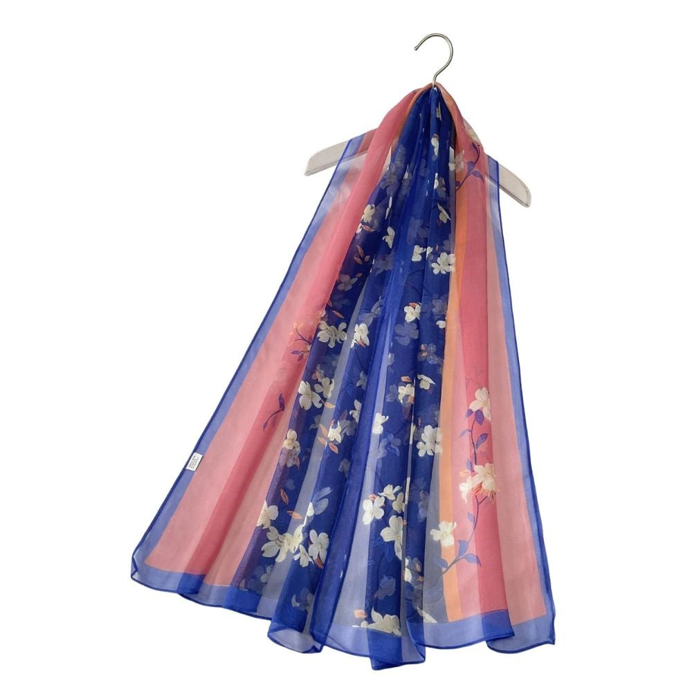 Two Tone Elegant Floral Print Chiffon Scarf Royal Blue