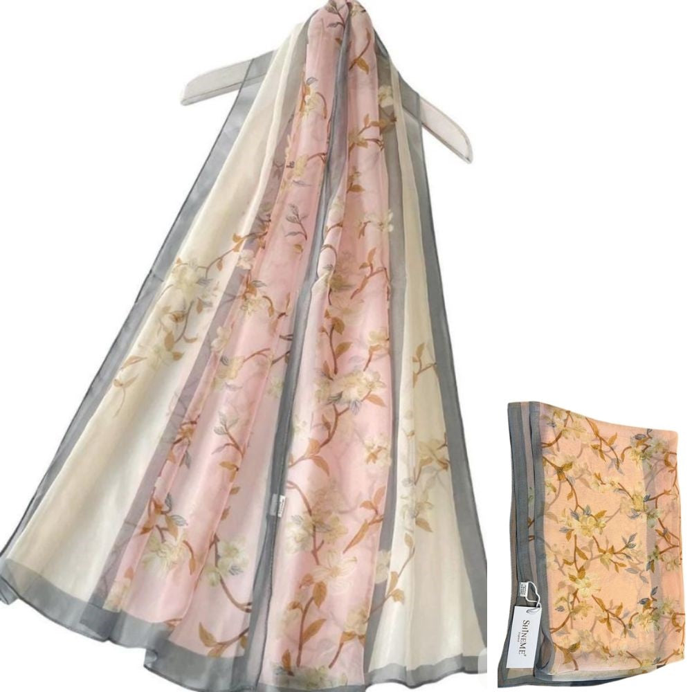 Two Tone Elegant Floral Print Chiffon Scarf Light Pink