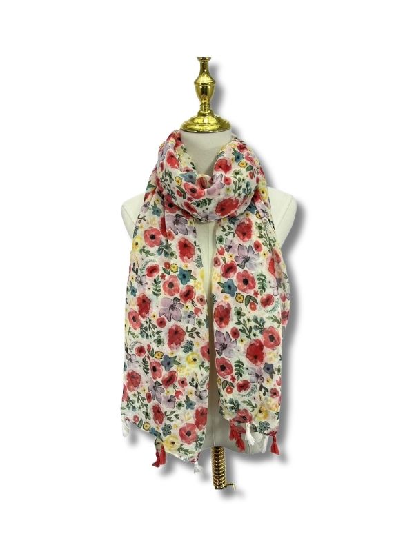 Poppy & Mixed Floral Print Tassel Scarf White