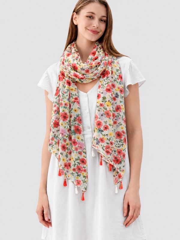 Poppy & Mixed Floral Print Tassel Scarf White