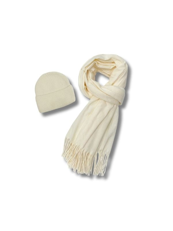 Cosy Plain Tassel Scarf & Hat Set Off White