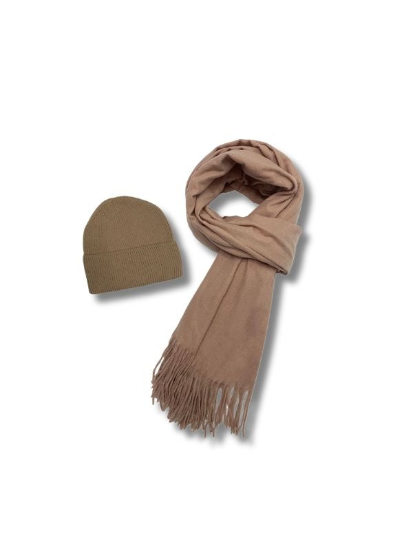 Cosy Plain Tassel Scarf & Hat Set Beige