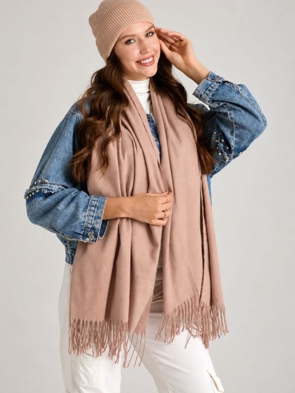 Cosy Plain Tassel Scarf & Hat Set Beige