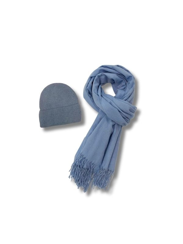 Cosy Plain Tassel Scarf & Hat Set Powder Blue