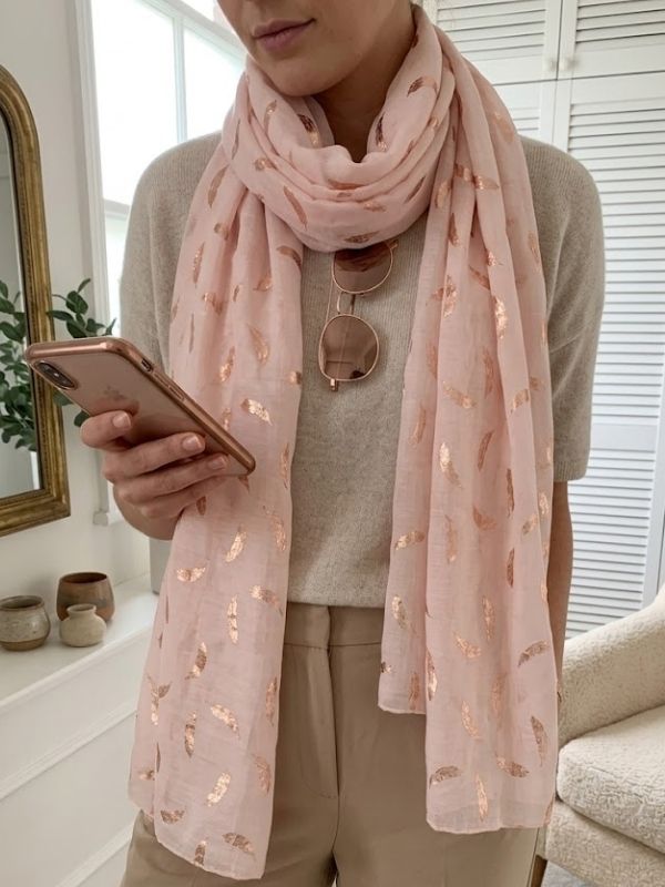 Rose Gold Feather Print Foiled Scarf Light Pink