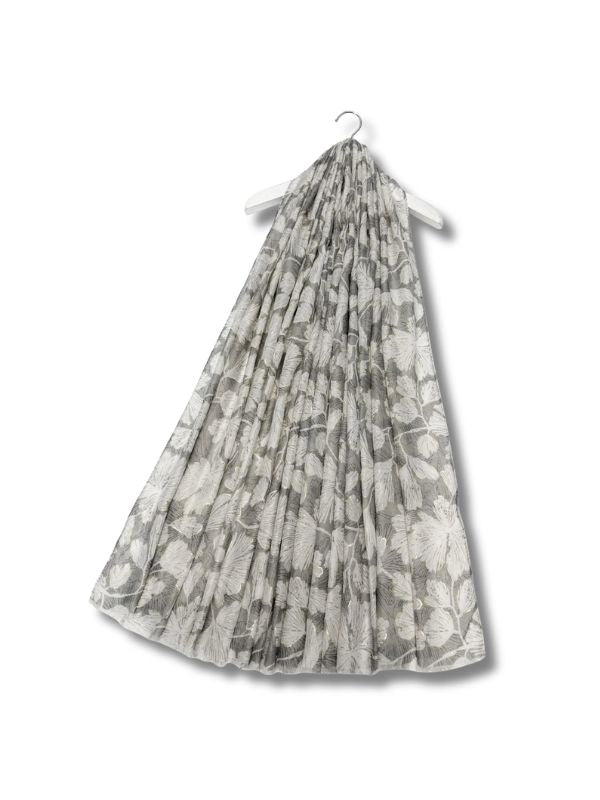 Foiled Ginkgo Leaf Print Frayed Scarf Grey