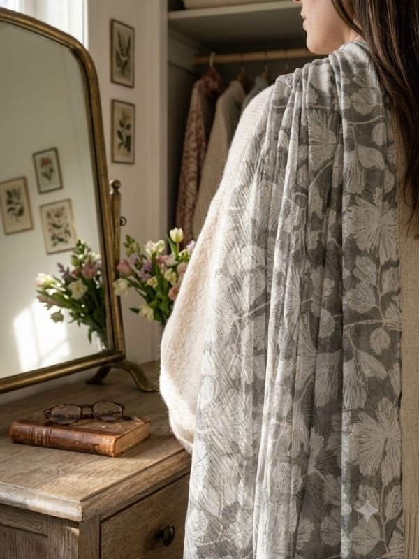 Foiled Ginkgo Leaf Print Frayed Scarf Grey