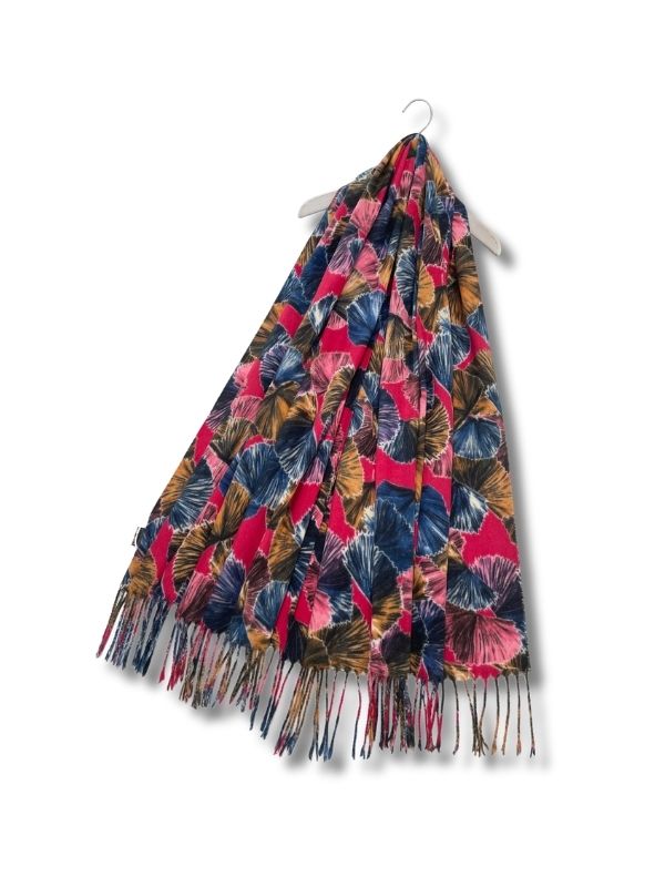 Colourful Ginkgo Print Wool Tassel Scarf Fuchsia Pink