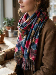 Colourful Ginkgo Print Wool Tassel Scarf Fuchsia Pink