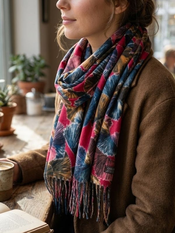 Colourful Ginkgo Print Wool Tassel Scarf Fuchsia Pink
