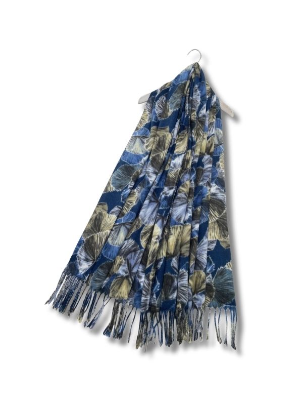 Colourful Ginkgo Print Wool Tassel Scarf Navy Blue