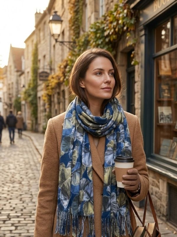 Colourful Ginkgo Print Wool Tassel Scarf Navy Blue