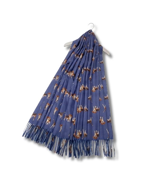 Beagle Dog Print Tassel Scarf Denim