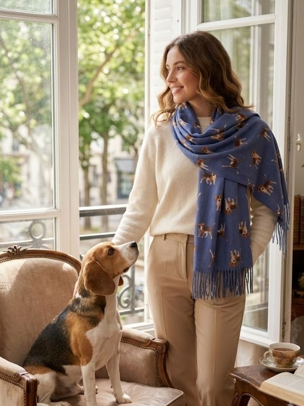 Beagle Dog Print Tassel Scarf Denim