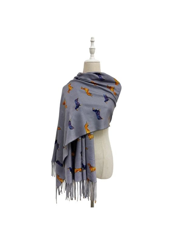 Dachshund Sausage Dog Print Tassel Scarf Grey
