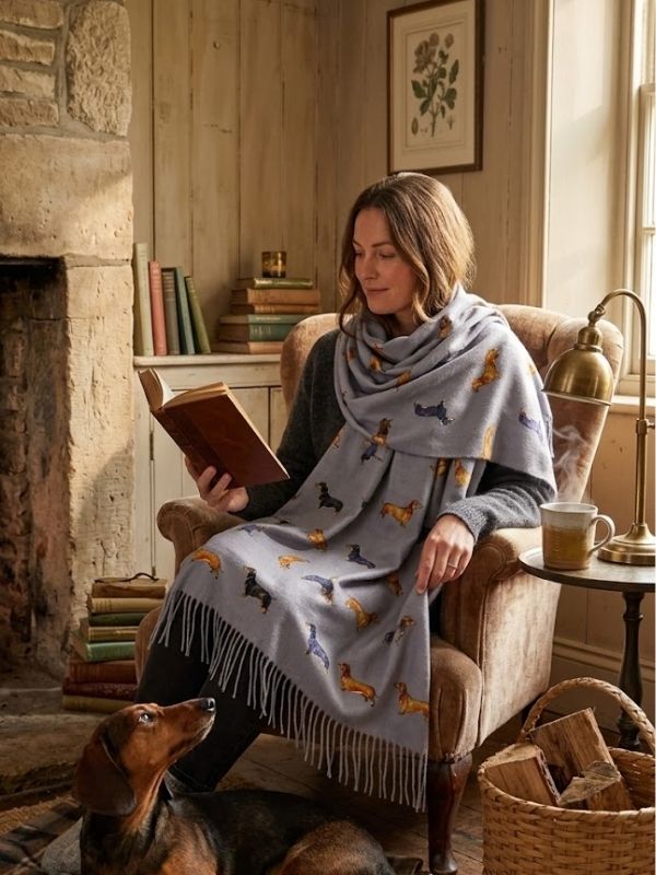 Dachshund Sausage Dog Print Tassel Scarf Grey