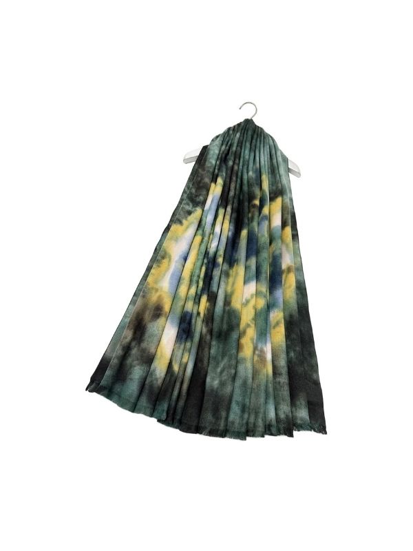 Colourful Tie Dye Wool Frayed Scarf Green