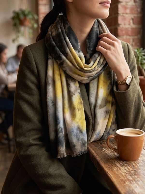 Colourful Tie Dye Wool Frayed Scarf Brown/Mustard