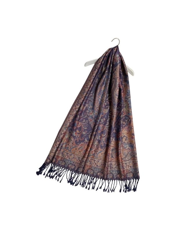 Paisley Metallic Thread Pashmina Scarf Navy Blue