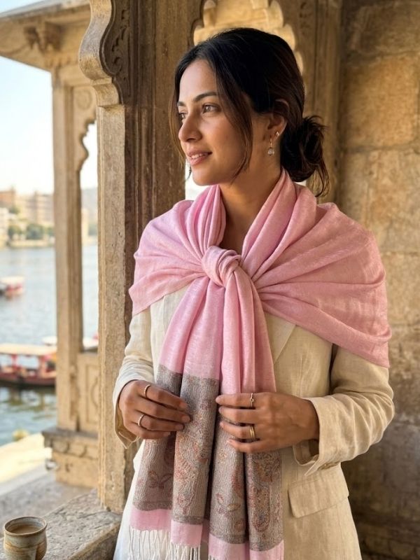 Delicate Butterfly Embroidered Pashmina Tassel Scarf Light Pink