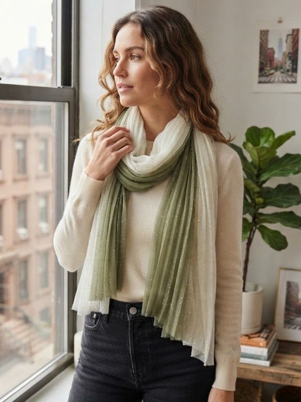 Plain Ombre and Foiled Speckle Frayed Scarf Army Green