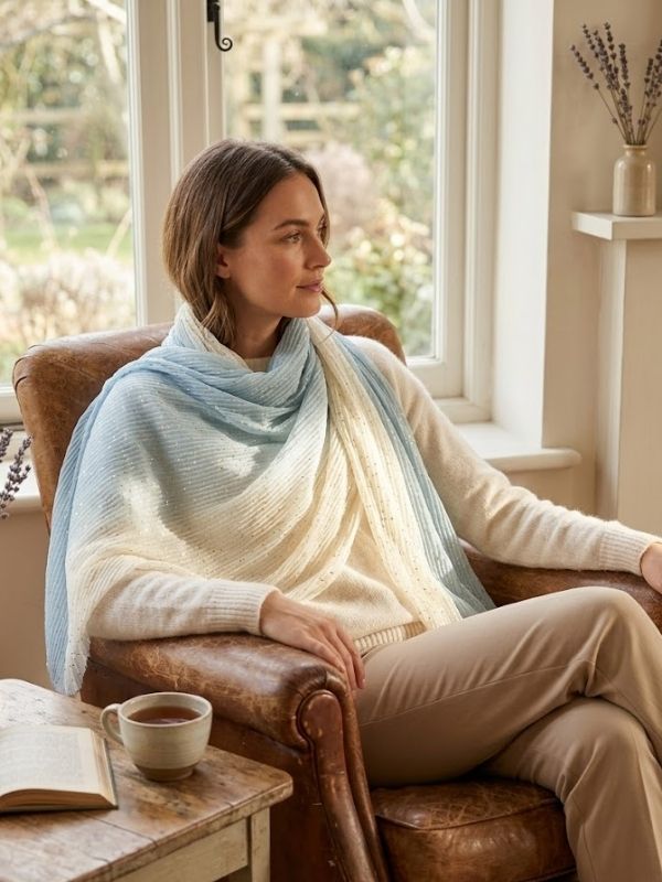 Plain Ombre and Foiled Speckle Frayed Scarf Blue