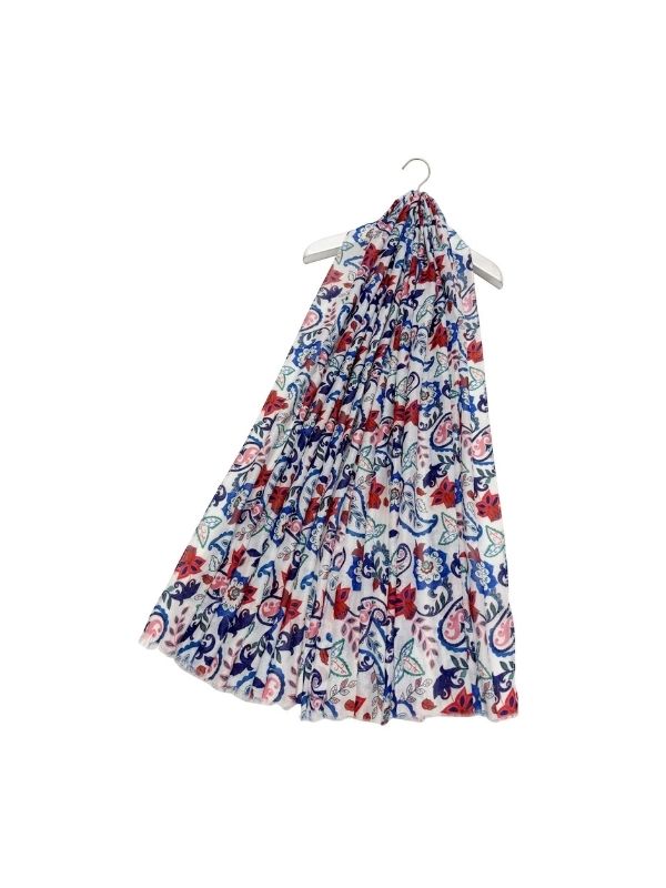 Lotus Floral Paisley Print Frayed Scarf White