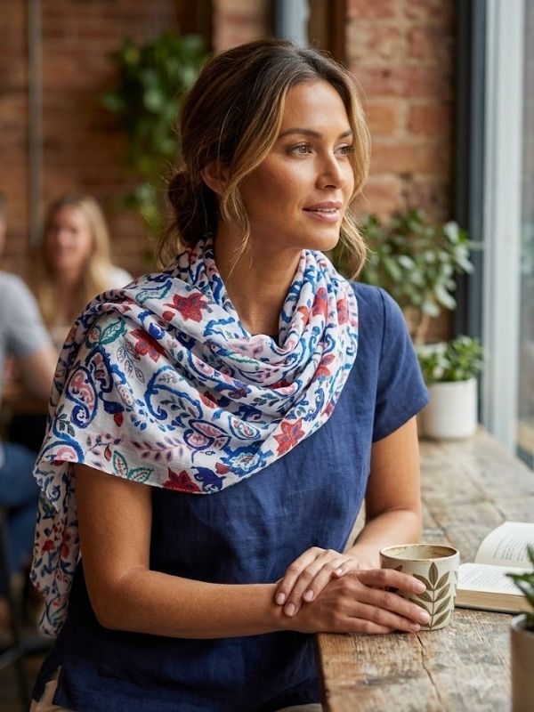 Lotus Floral Paisley Print Frayed Scarf White