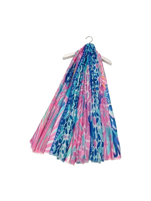 Bright Coral & Floral Mosaic Frayed Scarf Multi