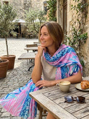 Bright Coral & Floral Mosaic Frayed Scarf Multi