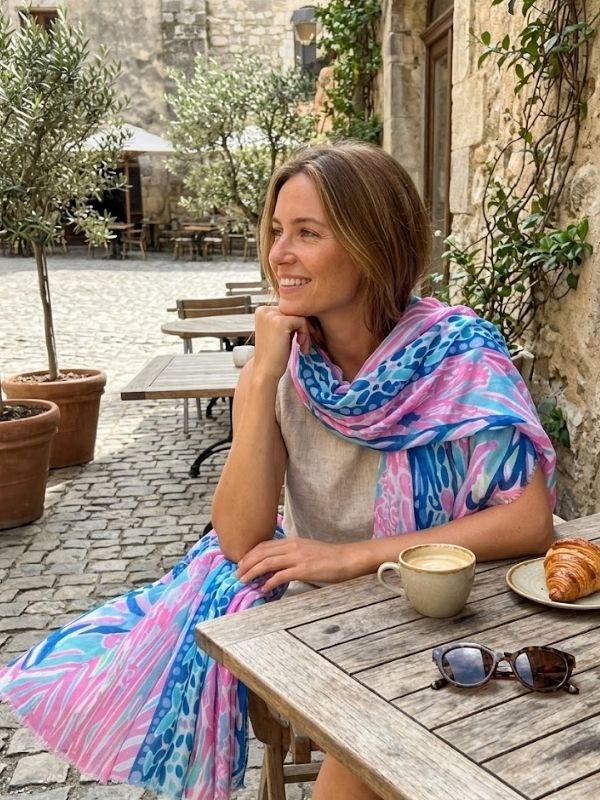 Bright Coral & Floral Mosaic Frayed Scarf Multi