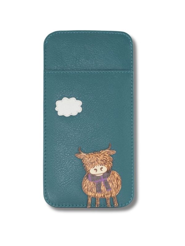 Mala Leather Bella Highland Cow Soft Leather Glasses Case In Teal