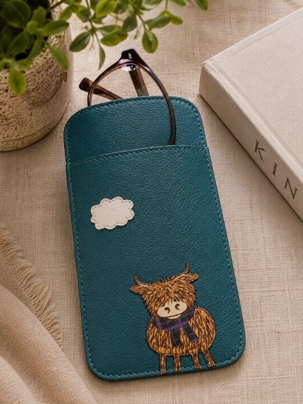 Mala Leather Bella Highland Cow Soft Leather Glasses Case In Teal Tea product image with Highland, Cow