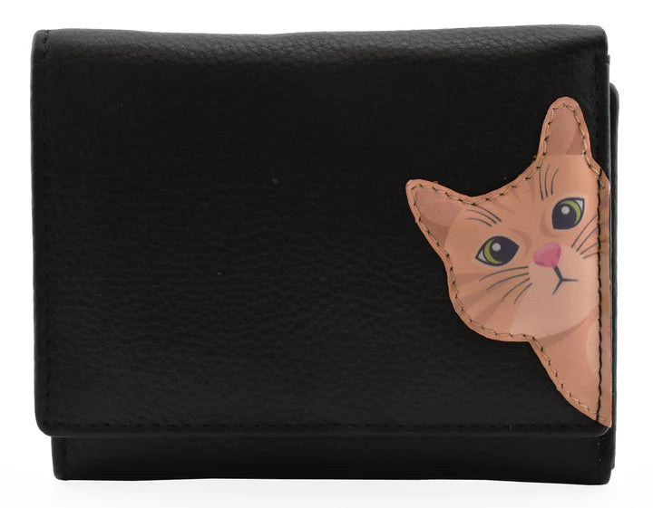 Mala Leather Cleo Applique Cat Design Tri Fold Purse In Black - RFID