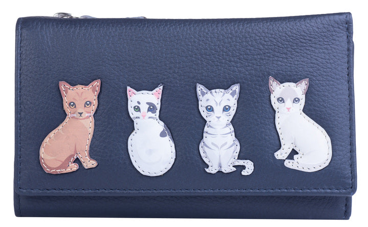 Mala Leather Best Friends Sitting Cat Tri Fold Purse In Navy - RFID