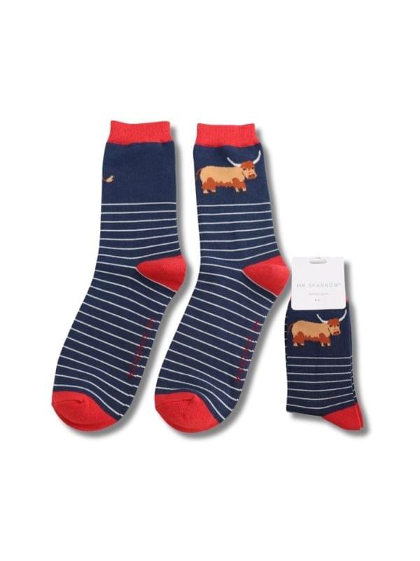 Mr Sparrow Highland Cow & Stripes Navy Socks