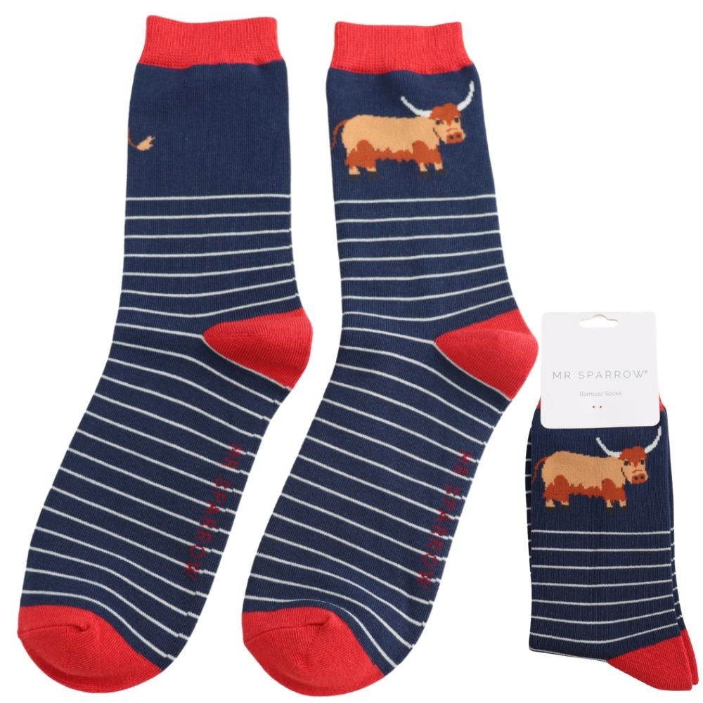 Mr Sparrow Highland Cow & Stripes Navy Socks