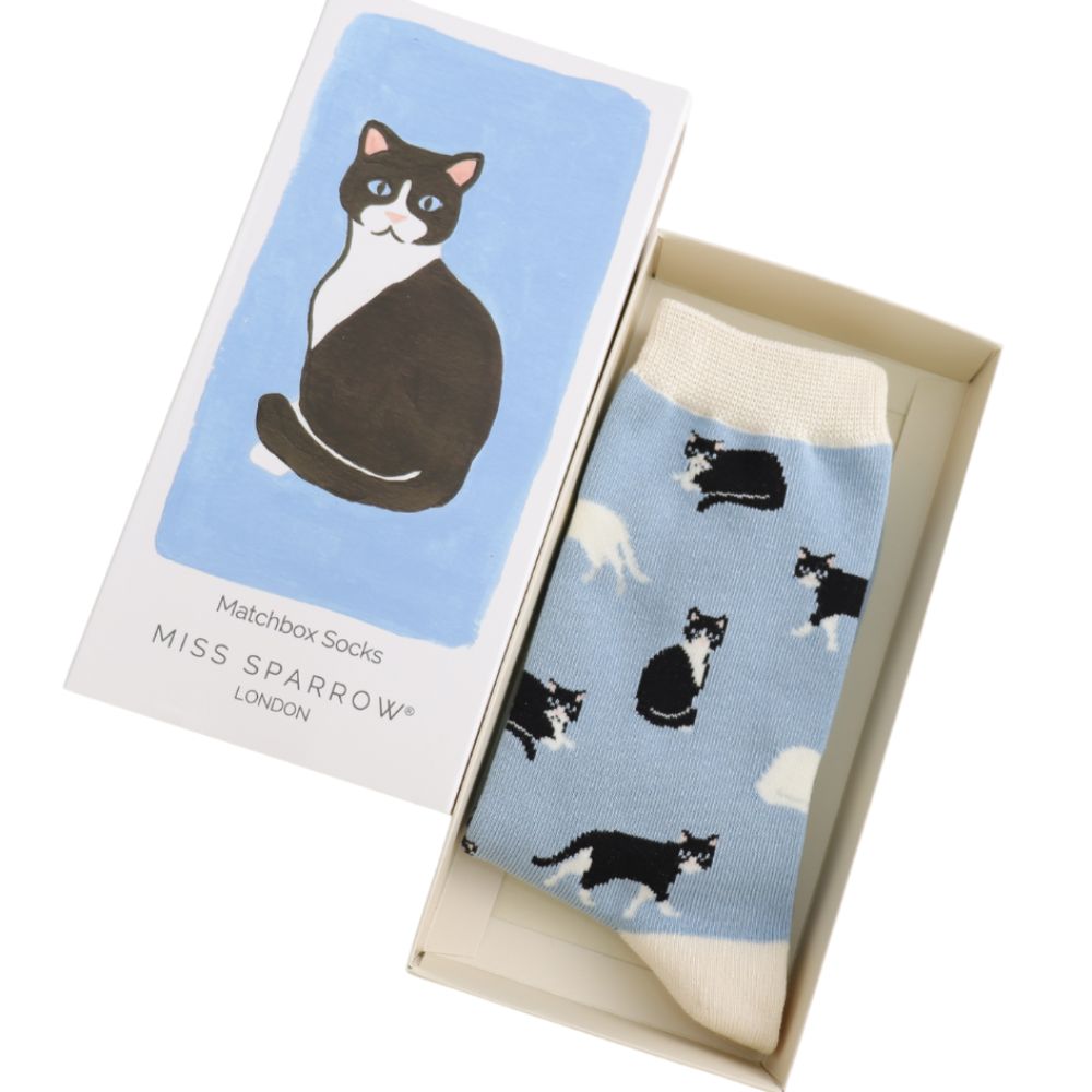 Women's Matchbox Socks Black & White Cat