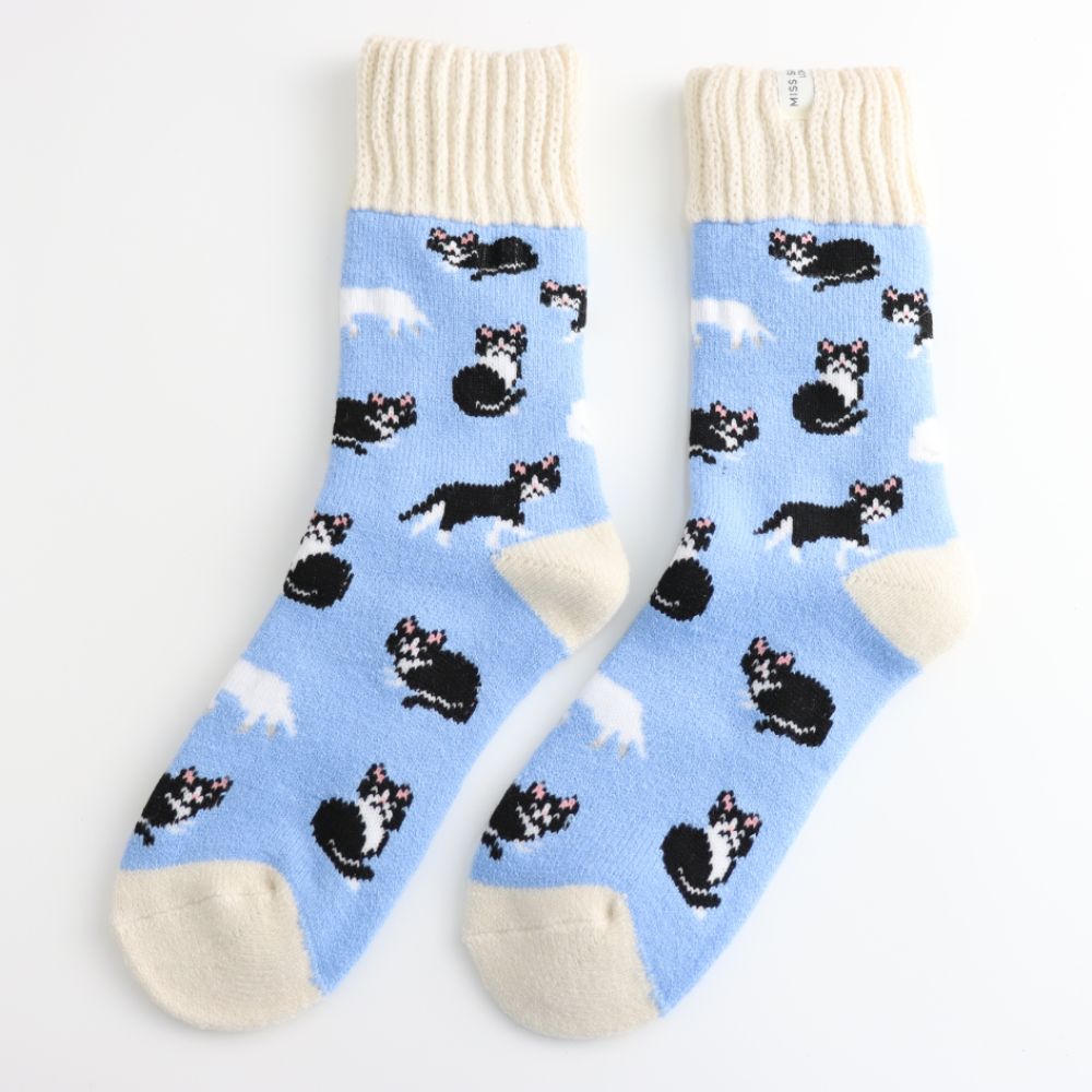 Winter Black & White Cats Powder Blue Socks