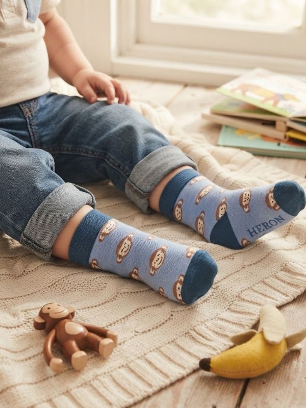 Boys Monkeys Pale Blue Socks 2-3Y