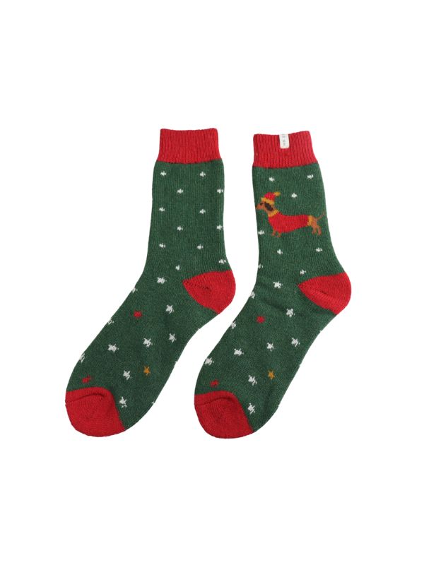  Mr Sparrow Wool Festive Sausage Dogs Dark Green Socks Best of British NBPT  Socks Miss Sparrow London.