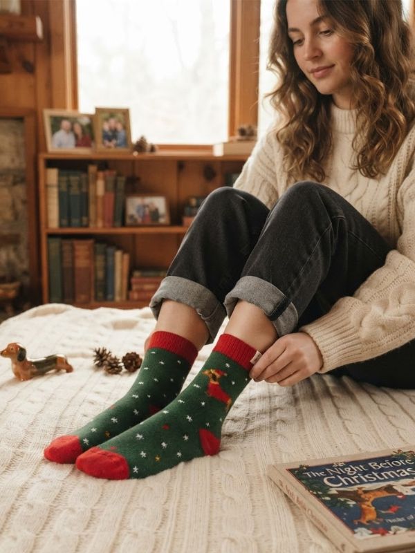 Mr Sparrow Wool Festive Sausage Dogs Dark Green Socks