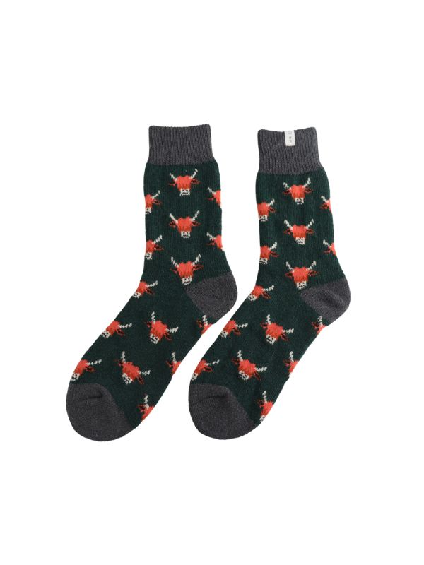  Mr Sparrow Wool Highland Cows Green Socks Best of British NBPT  Socks Miss Sparrow London.