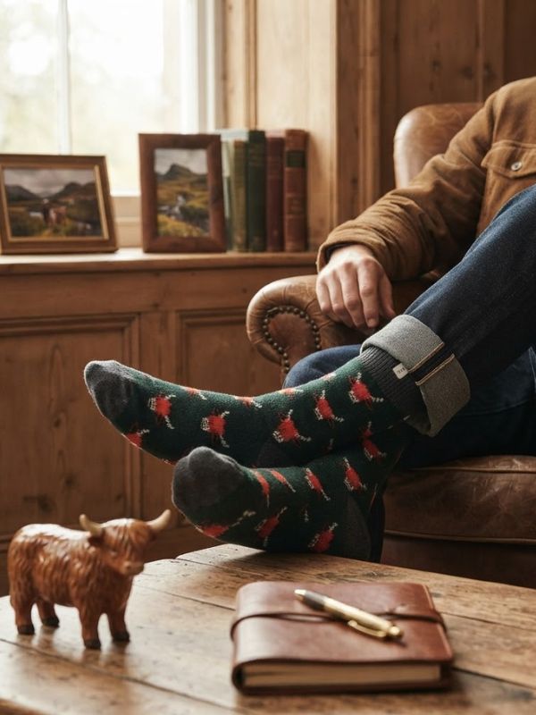 Mr Sparrow Wool Highland Cows Green Socks