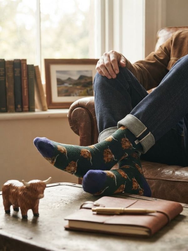 Mr Sparrow Wool Highland Herd Green Scoks
