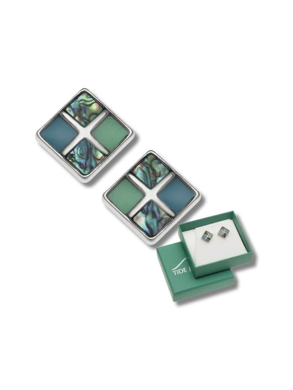 Tide Blue/Green Tonal Chequerboard Stud Earrings