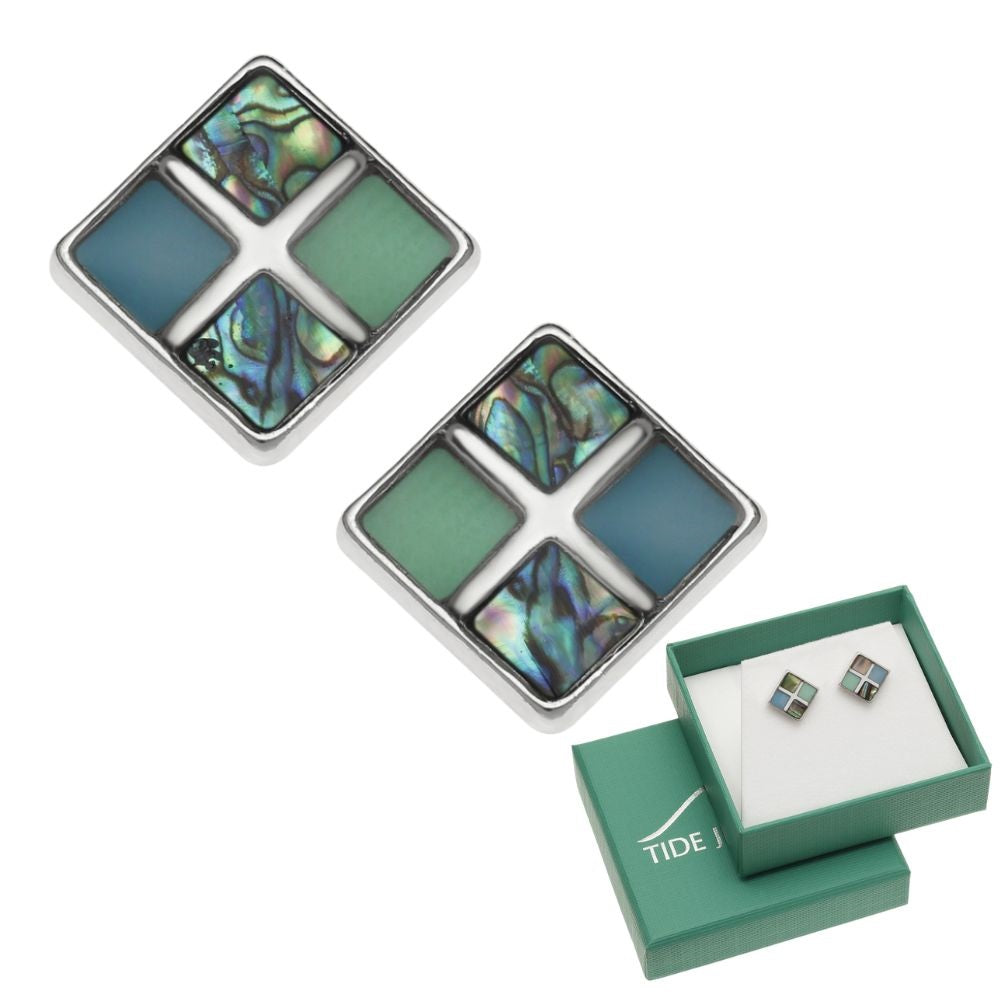 Tide Blue/Green Tonal Chequerboard Stud Earrings