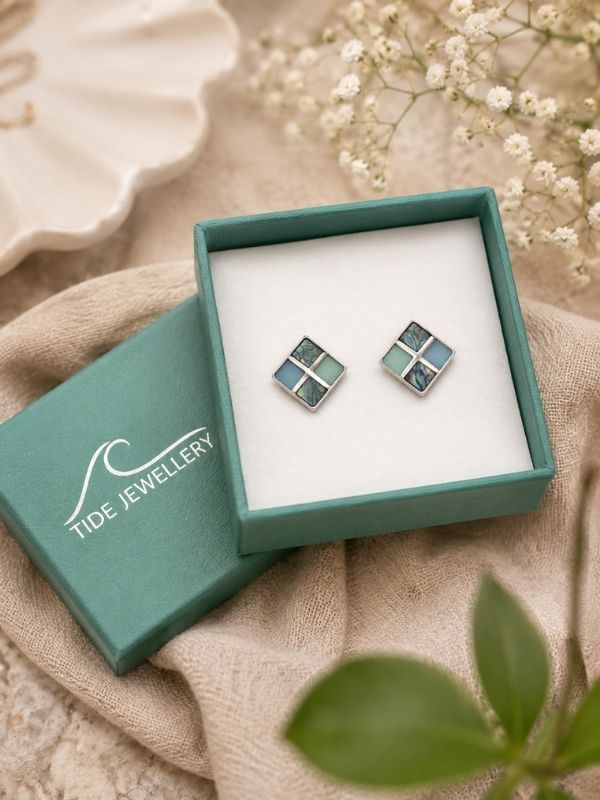 Tide Blue/Green Tonal Chequerboard Stud Earrings product image