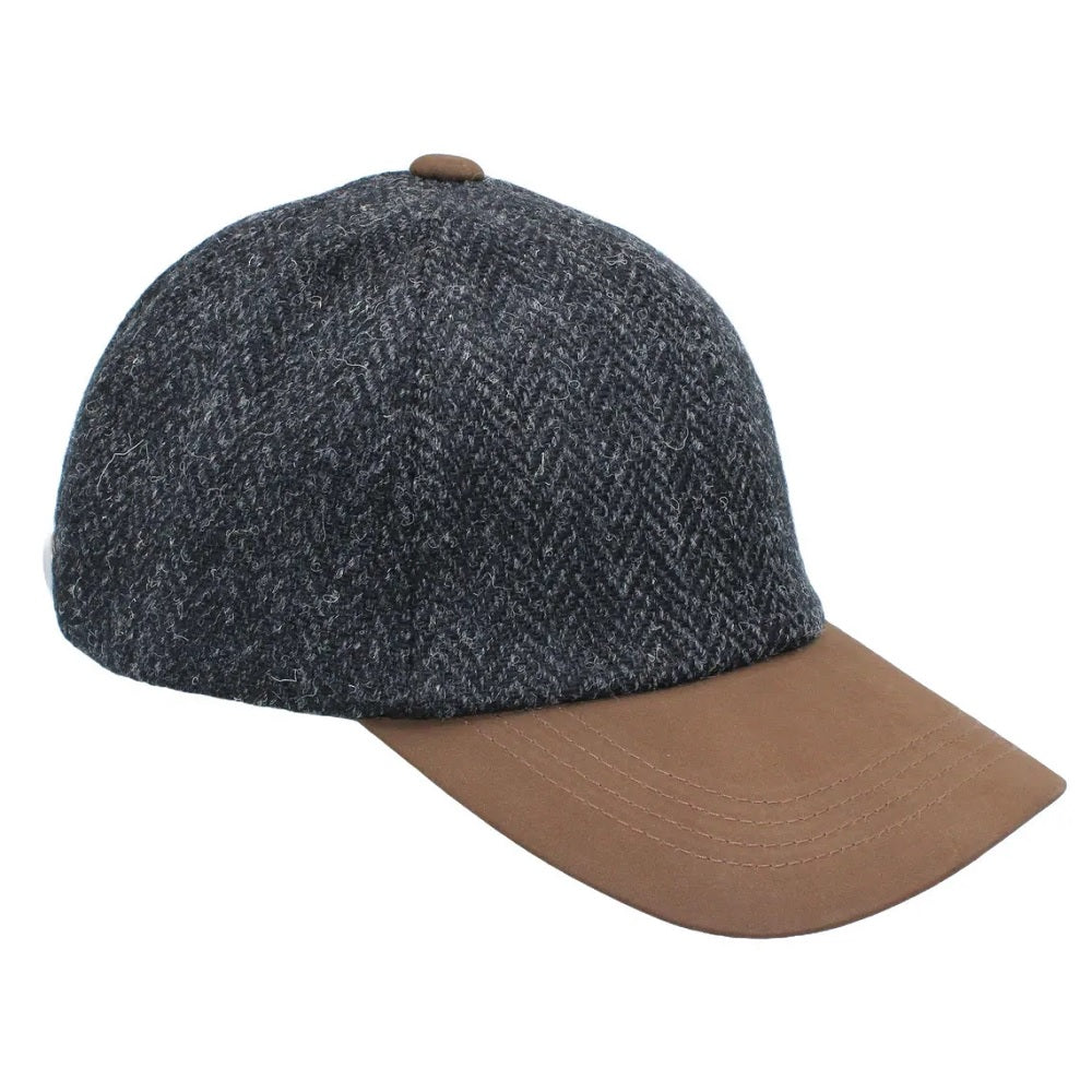 Tweedmill Harris Tweed Baseball Cap - Charcoal with Leather Peak