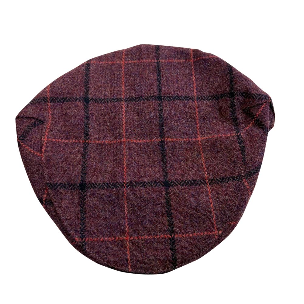 Tweedmill Tweed Flat Cap Grid Pattern In Burgundy with Black and Red Lines Size XXL